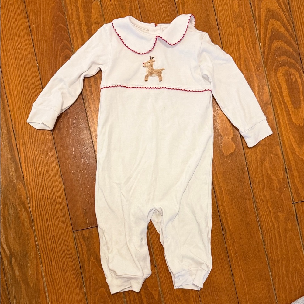 White Baby One-Piece Romper with Red Trim and Reindeer Embroidery